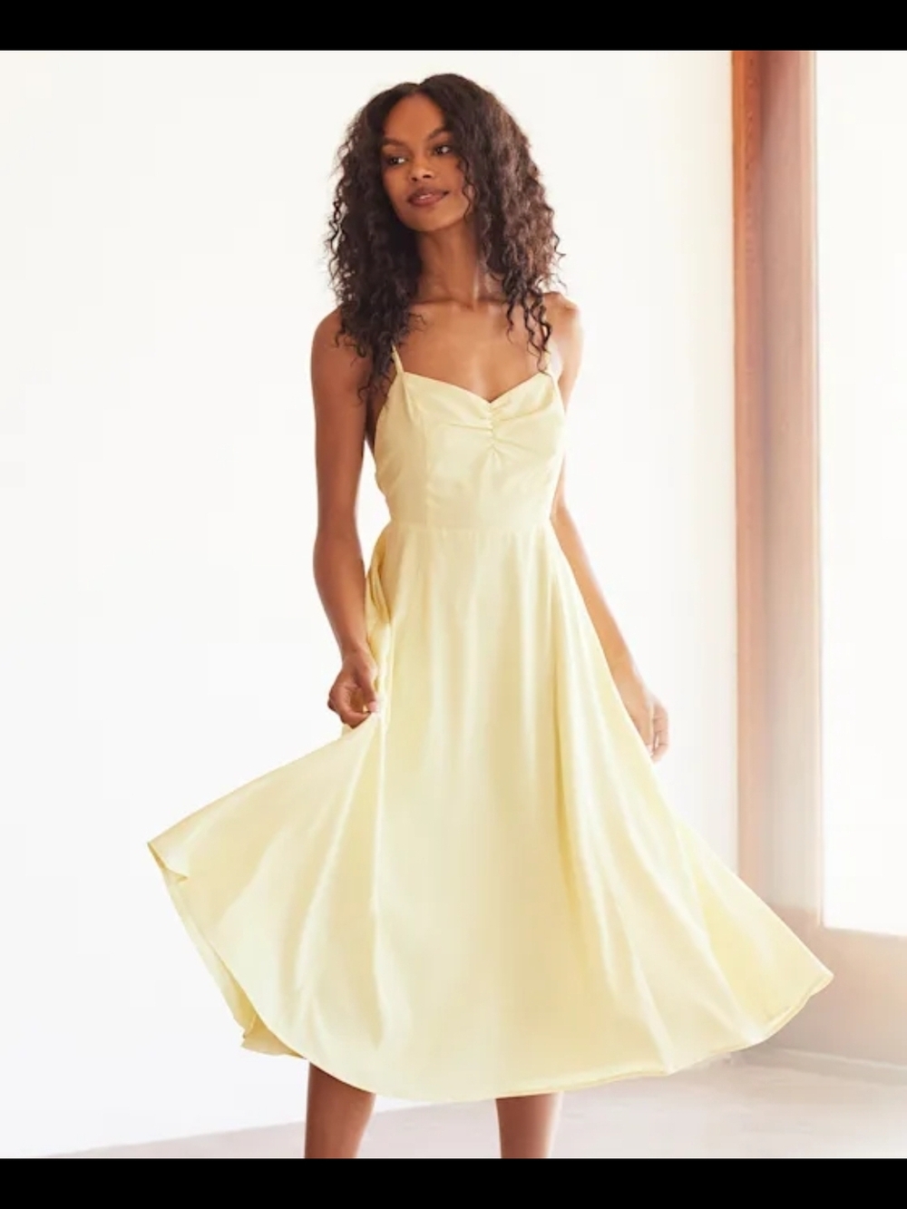 Lulus Pale Yellow Midi Dress Backless Cross Strap Fit & Flare Size Medium Pastel